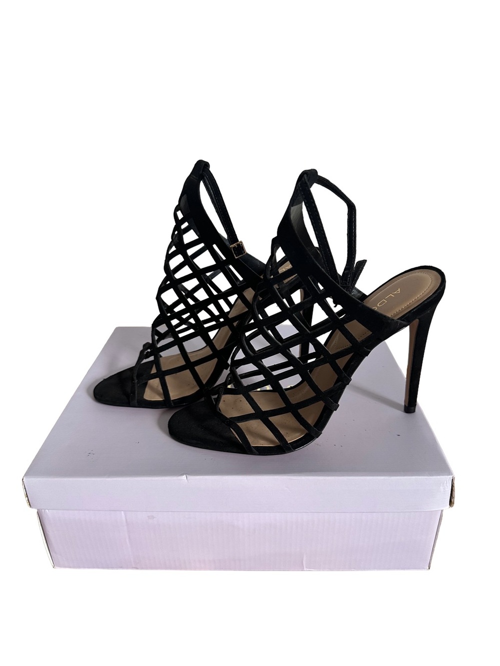 Aldo Black Cage Strappy Stiletto Sandals